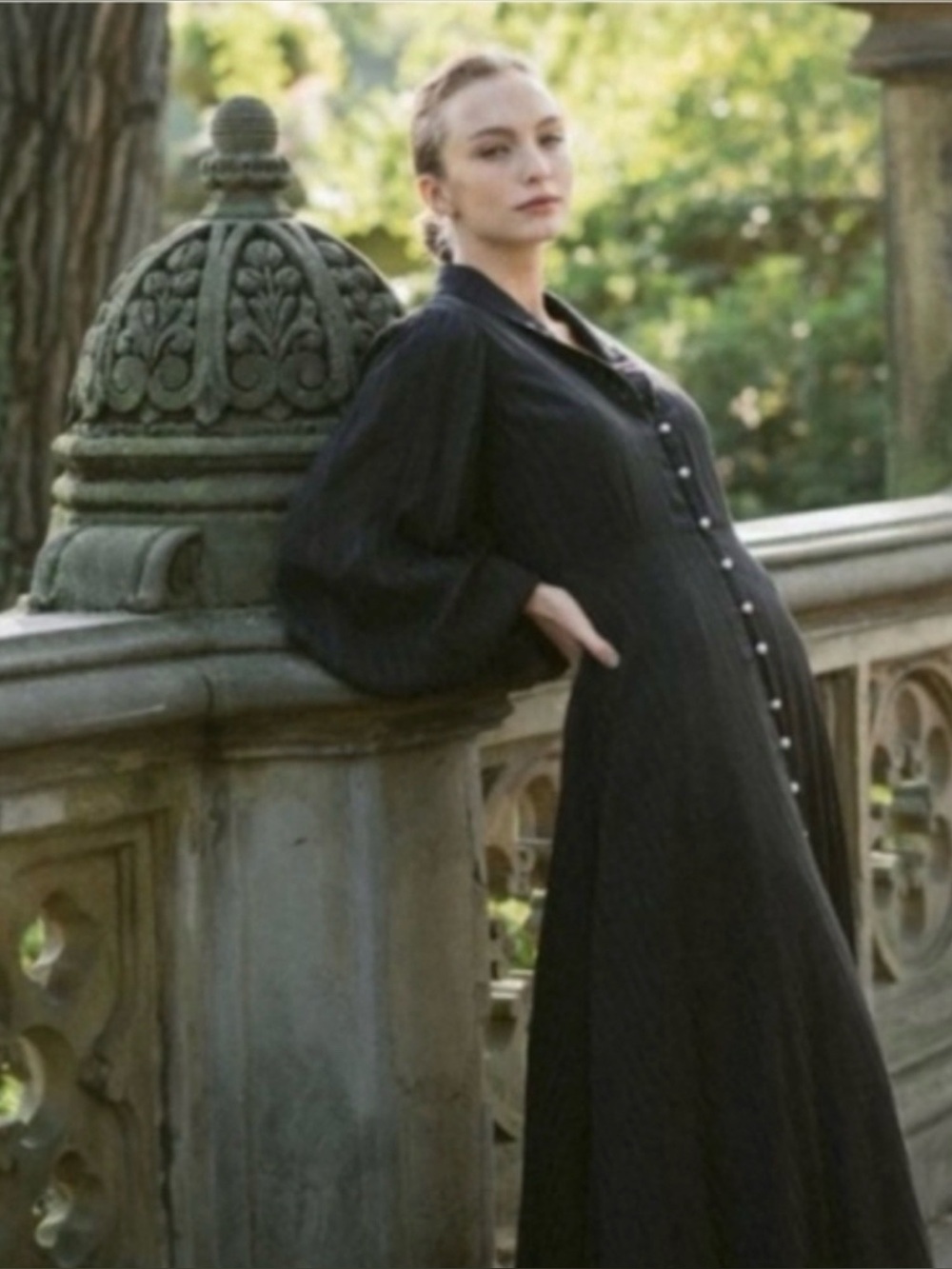 NWT Lillou "Manhattan" Button-Front Lantern Sleeve Maxi Dress, Espresso Stripe - Picture 2 of 5